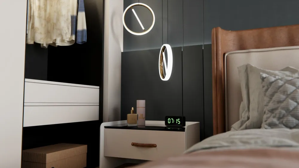 Chambre moderne avec panneau mural bleu charbon, tête de lit cuir et éclairage LED suspendu
